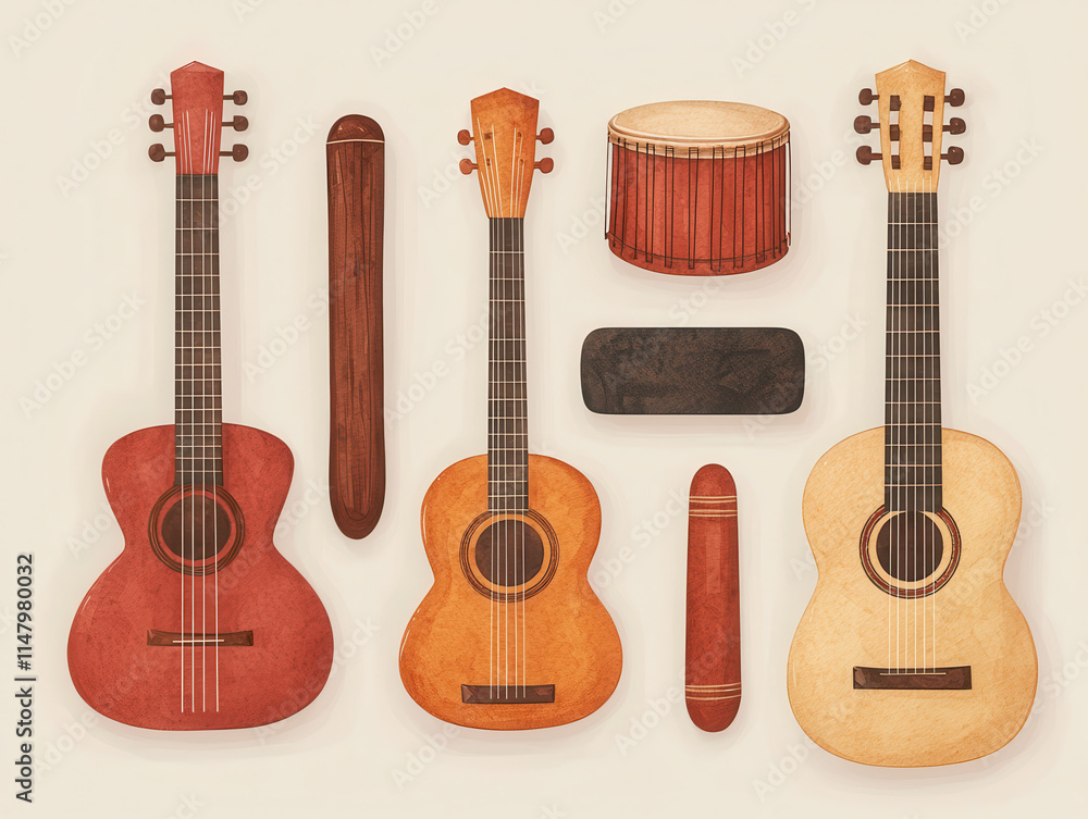 Obraz premium Acoustic guitars and percussion instruments in watercolor art