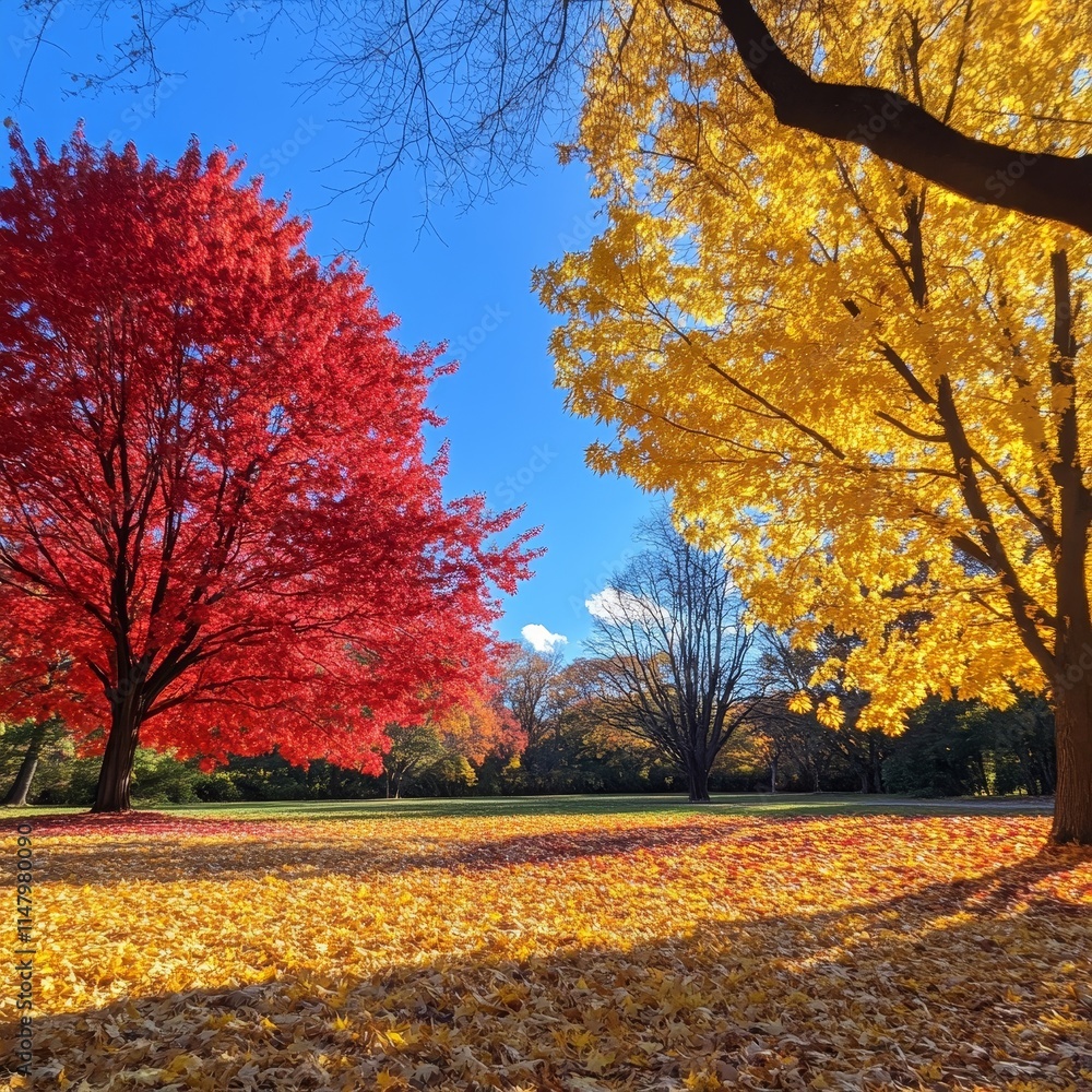 Vibrant Autumn Trees With Red and Yellow Leaves Framing a Sunny Park Landscape Filled With Fallen Leaves During Peak Fall Season Vibrant Autumn Trees With Red and Yellow Leaves Framing a Sunny Park Landscape Filled With Fallen Leaves During Peak Fall Season