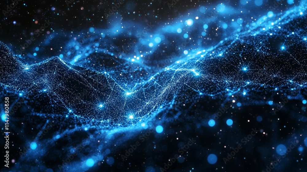 Blue Glowing Waves of Particles Create a Mesmerizing Visual Representation of Energy in a Cosmic Landscape During a Nighttime Atmosphere Blue Glowing Waves of Particles Create a Mesmerizing Visual Representation of Energy in a Cosmic Landscape During a Nighttime Atmosphere