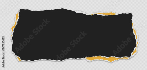 Black and yellow piece of paper with torn edges and soft shadow are on grey background for text or ad.