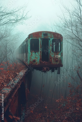 Abandoned train car resting on a decaying bridge surrounded by fog and trees in an eerie forest photo