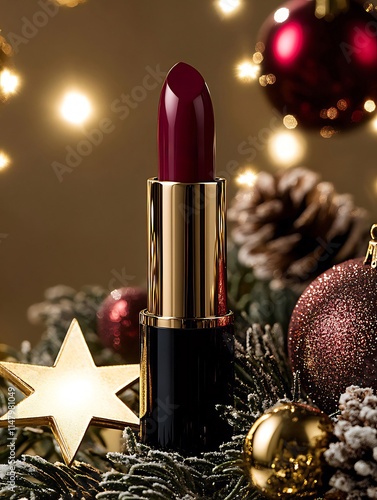 Dark red lipstick in gold tube surrounded by Christmas ornaments, pine, and star. photo