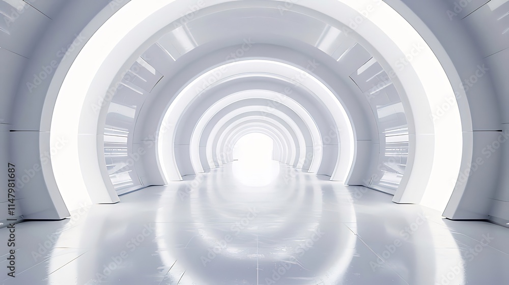 Futuristic white tunnel with glowing arches, leading to a bright light at the end. Futuristic white tunnel with glowing arches, leading to a bright light at the end.