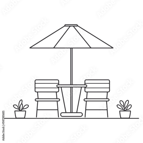 cafe with chairs and table under an umbrella line art vector illustration