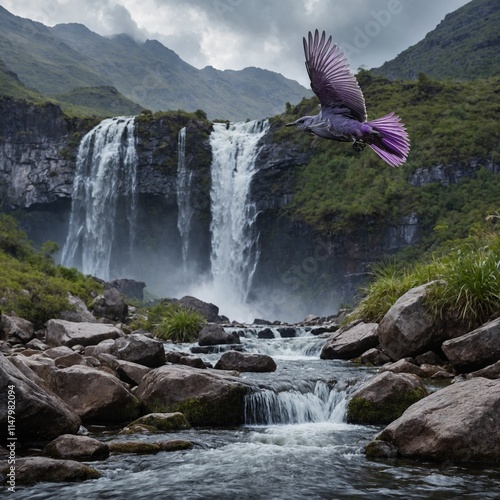 A shimmering silver and violet bird flying near cascading waterfalls in a rugged mountain range. photo