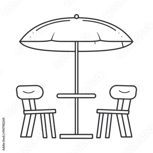 cafe with chairs and table under an umbrella line art vector illustration