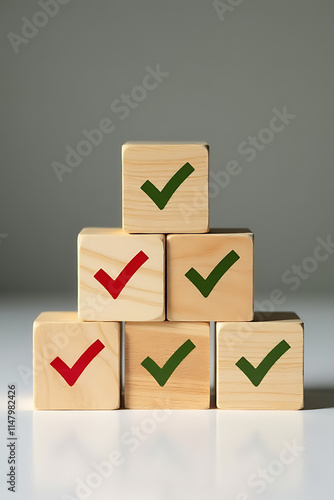 Wooden blocks display checkmark icons for task lists and goal tracking to facilitate quality control and business success achievements._00002_ photo