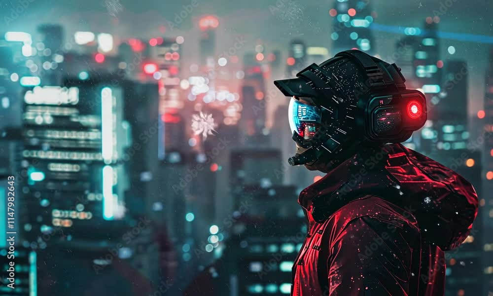 Person in futuristic helmet against neon-lit cityscape at night Person in futuristic helmet against neon-lit cityscape at night