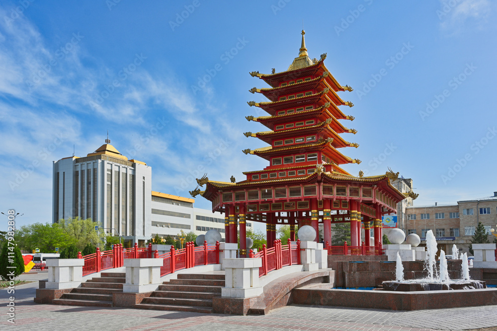 Naklejka premium Scenic view of the Seven Days Pagoda in Elista