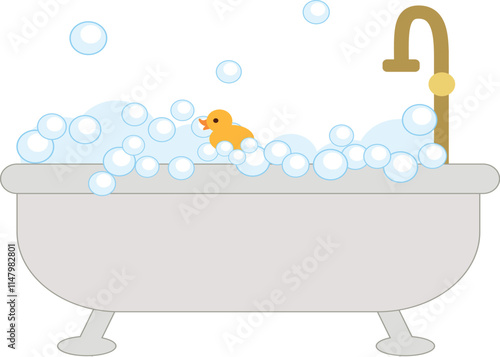 bathtub with bubble soapy water and rubber duck illustration. cute cartoon illustration for bath, clean, hygiene theme.