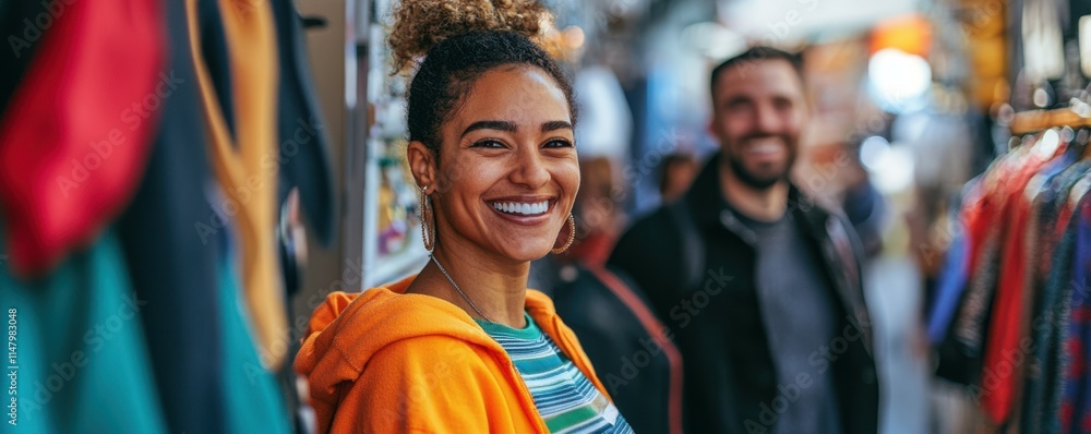 Shop Local Day: People smiling and shopping at a local store, colorful clothing, positive vibes, community support, bright light Shop Local Day: People smiling and shopping at a local store, colorful clothing, positive vibes, community support, bright light
