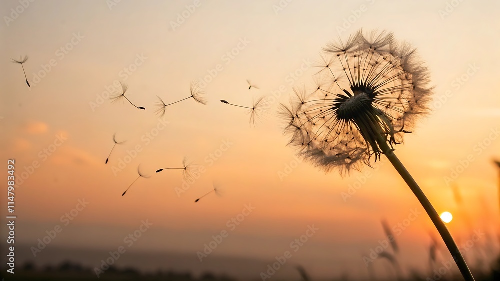 Fototapeta premium Macro shot of a dandelion dispersing its seeds in a dreamy background.