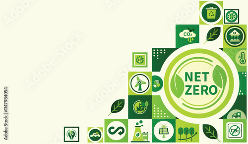 Net zero and carbon neutral concept. Net zero greenhouse gas emissions target. Climate neutral long term strategy with green net zero icons. Environment web banner with green city vector template.