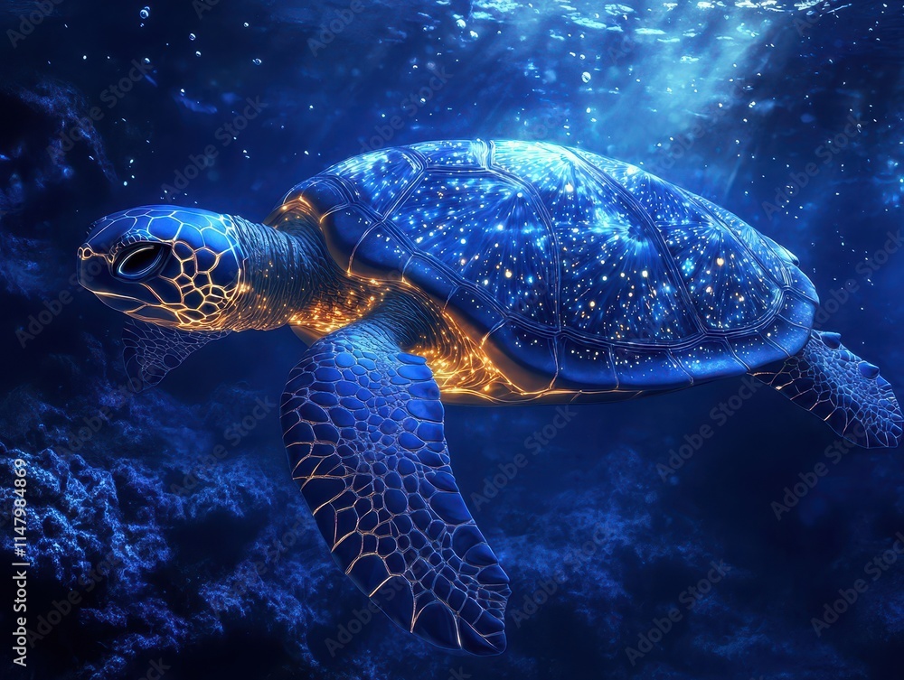 Fototapeta premium Mystical turtle with glowing patterns swimming through crystalclear waters, wildlife, surreal serenity