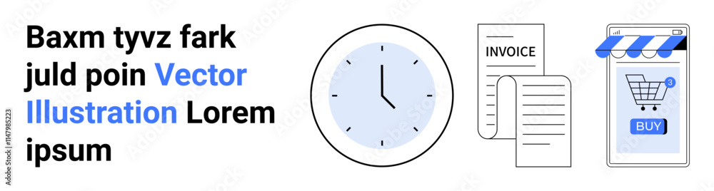 Clock, invoices, shopping cart, and digital store interface. Ideal for e-commerce, time management, online invoicing, digital marketplaces, financial services, business tools, and startup guides Clock, invoices, shopping cart, and digital store interface. Ideal for e-commerce, time management, online invoicing, digital marketplaces, financial services, business tools, and startup guides
