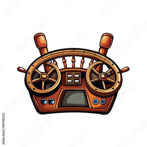 Create a detailed vector illustration of a ship's bridge, focusing on the intricate control levers and surrounding instrumentation.  Show realistic textures and metallic sheen.