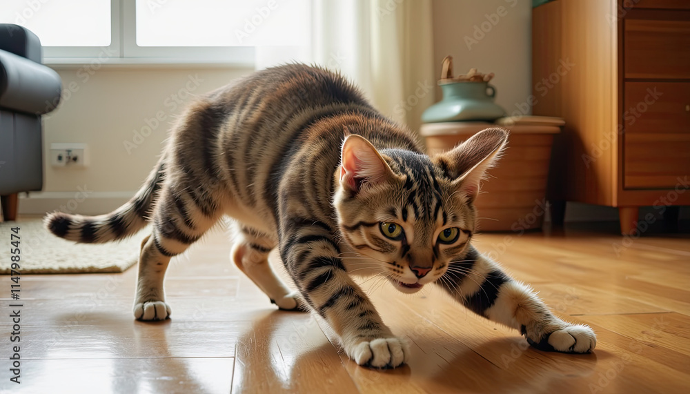 Naklejka premium Cat doing a deep stretch with paws reaching forward in a peaceful home environment