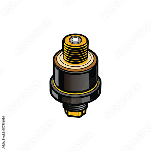 Create a detailed vector illustration of a piezoelectric sensor, showcasing its internal components and black casing.  High-resolution, realistic depiction needed.