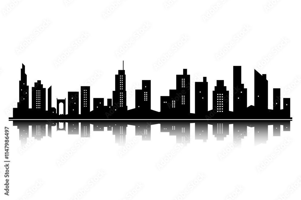 Naklejka premium city ​​vector illustration of a black city silhouette with reflection below
