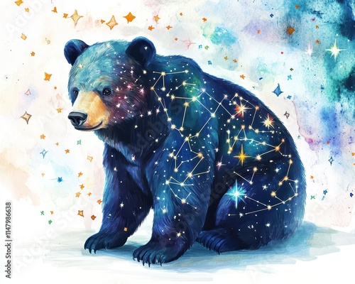 Bear with celestial constellations, pastel watercolor, isolated background, mystic charm photo