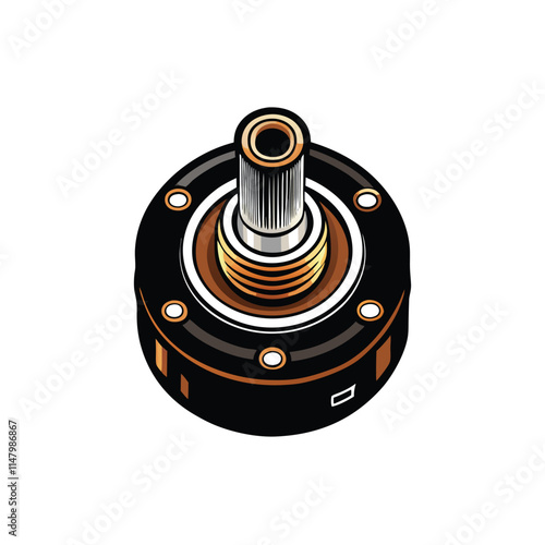 Create a detailed vector illustration of a rotary encoder featuring a sleek black casing, clearly showing internal components and shaft.  Include technical accuracy.
