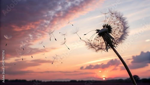 Macro shot of a dandelion dispersing its seeds in a dreamy background.