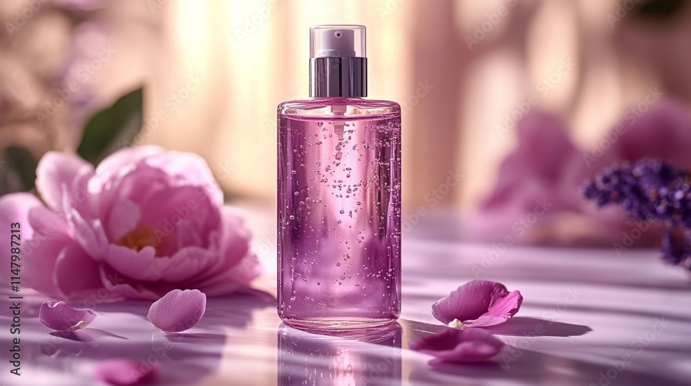 Body lotion in a bottle on a solid background with flowers. Body lotion in a bottle on a solid background with flowers.