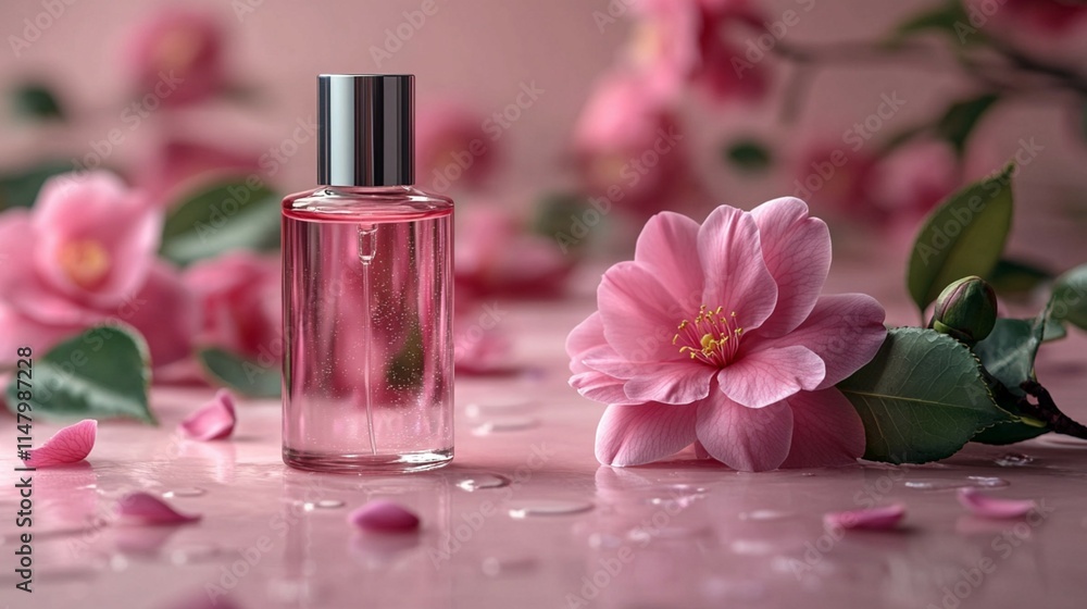 Body lotion in a bottle on a solid background with flowers. Body lotion in a bottle on a solid background with flowers.