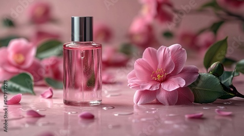 Body lotion in a bottle on a solid background with flowers.