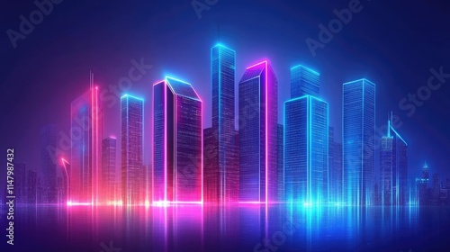 Neon mega city capital towers with futuristic technology background, future modern building virtual reality, night life style concept..