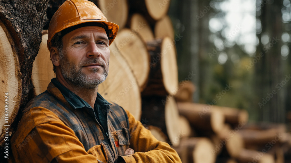 Man in orange helmet stands confidently among stacked logs in the forest. Man in orange helmet stands confidently among stacked logs in the forest.