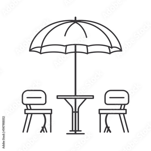 cafe with chairs and table under an umbrella line art vector illustration