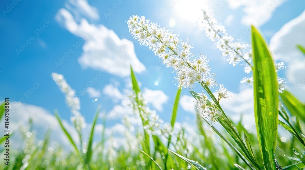 Obraz premium White wildflowers blooming in a green grass field under a bright blue sky with sun rays.