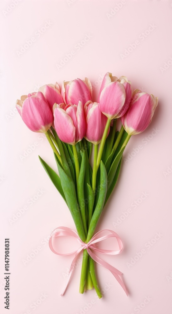 Pink tulips tied up with a pink ribbon Pink tulips tied up with a pink ribbon