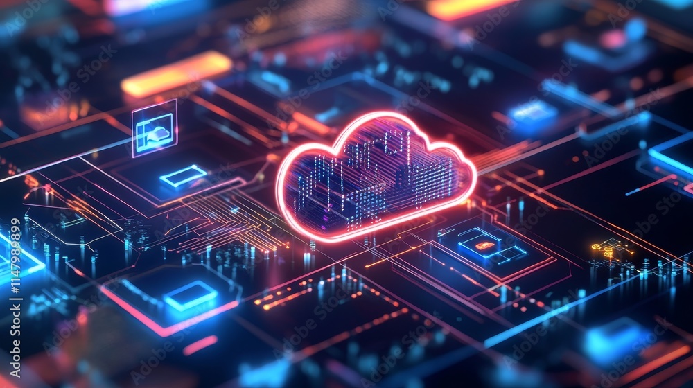 Networked Cloud Computing With Glowing Visuals and Digital Nodes in a Futuristic Technology Landscape Networked Cloud Computing With Glowing Visuals and Digital Nodes in a Futuristic Technology Landscape
