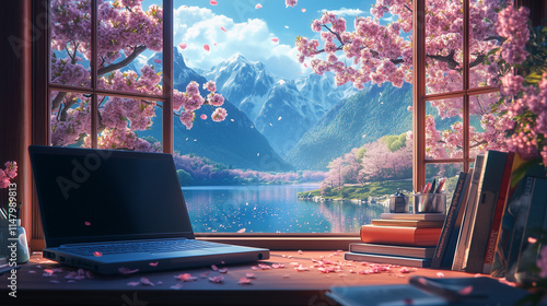 Aesthetic anime-style workspace with a large window offering a view of a lake and floral a desk with a laptop and books, and a big bookcase, as a background wallpaper