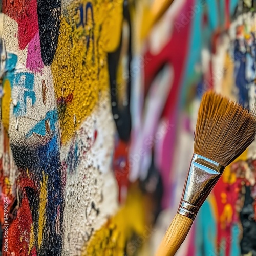 Colorful Graffiti on Urban Wall With Paintbrush Highlighting Vibrant Street Art During Daylight photo