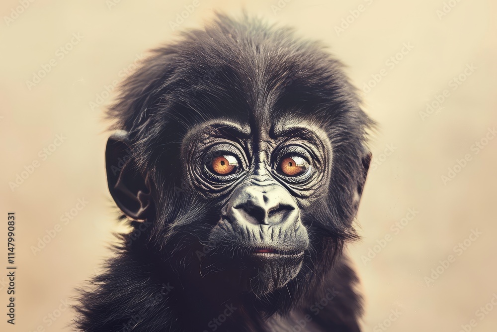 A baby monkey with brown eyes. It is looking at the camera. The monkey is black A baby monkey with brown eyes. It is looking at the camera. The monkey is black