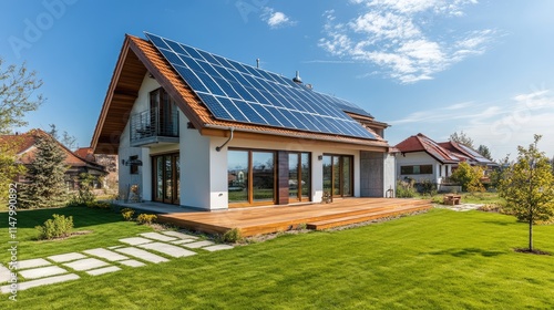 New suburban house with a photovoltaic system on the roof. Modern eco friendly passive house with landscaped yard. Solar panels on the gable roof