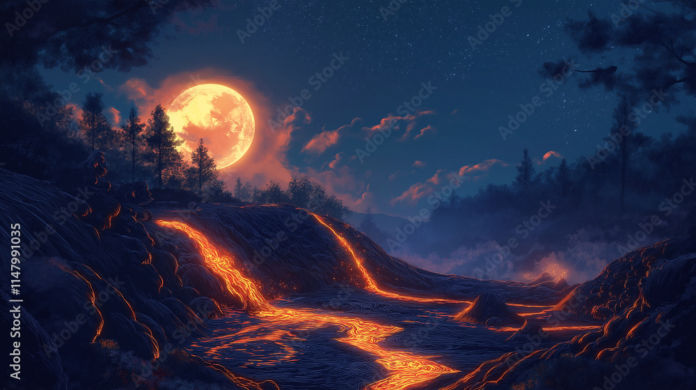 Gently flowing lava streams under a serene night sky, softly glowing with warmth Gently flowing lava streams under a serene night sky, softly glowing with warmth
