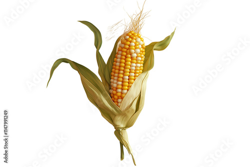 A single ear of corn with golden kernels and green husk, isolated on background. photo