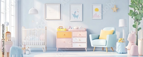 Cozy modern interior design in pastel colors. Cute gender neutral nursery room with toys, furniture and decorations