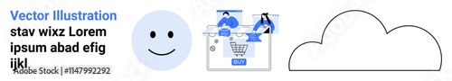 Shopping cart with people, shopping bag, happy face, and cloud icon. Ideal for e-commerce, online shopping, cloud computing, customer satisfaction, digital services tech solutions website