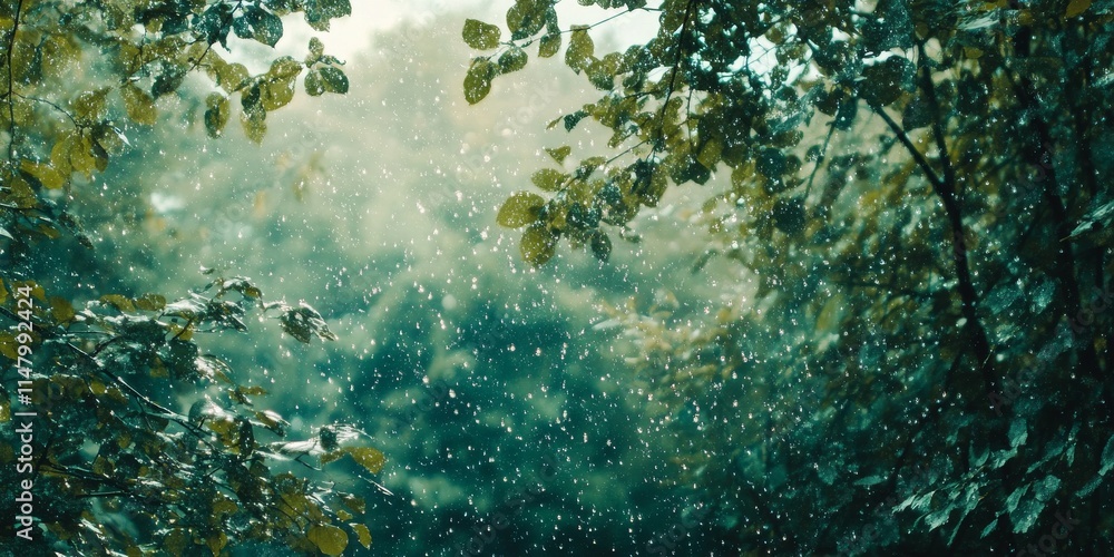 Fototapeta premium A snowy forest with trees covered in snow. The snow is falling from the trees and the sky is cloudy