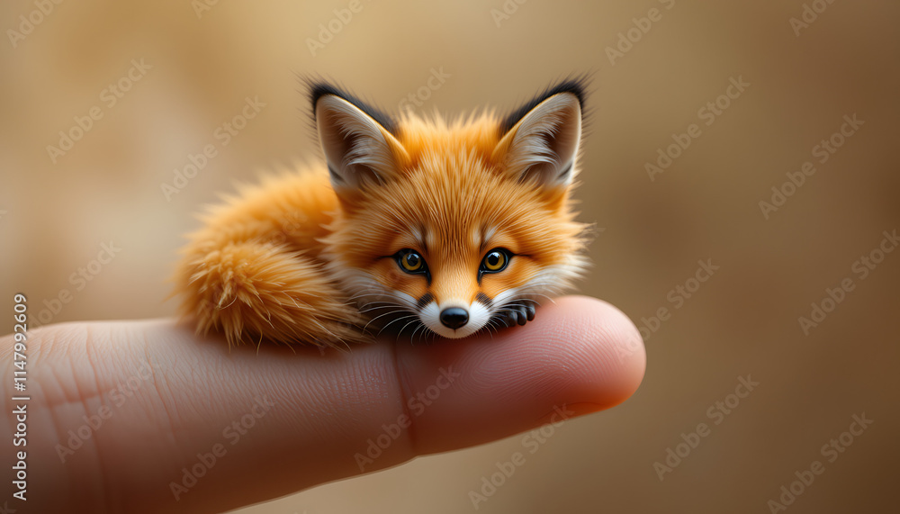 Obraz premium Cute small fox cub resting on a finger with a soft focus background