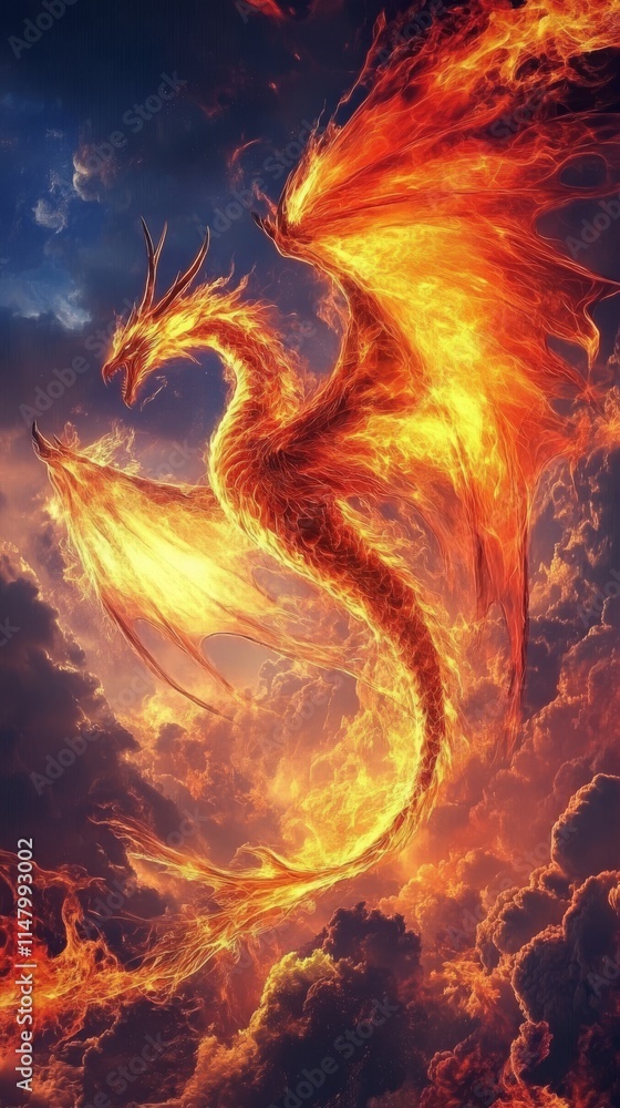 A stunning illustration of a fiery dragon flying through dramatic clouds, showcasing vibrant colors and fantasy elements. A stunning illustration of a fiery dragon flying through dramatic clouds, showcasing vibrant colors and fantasy elements.