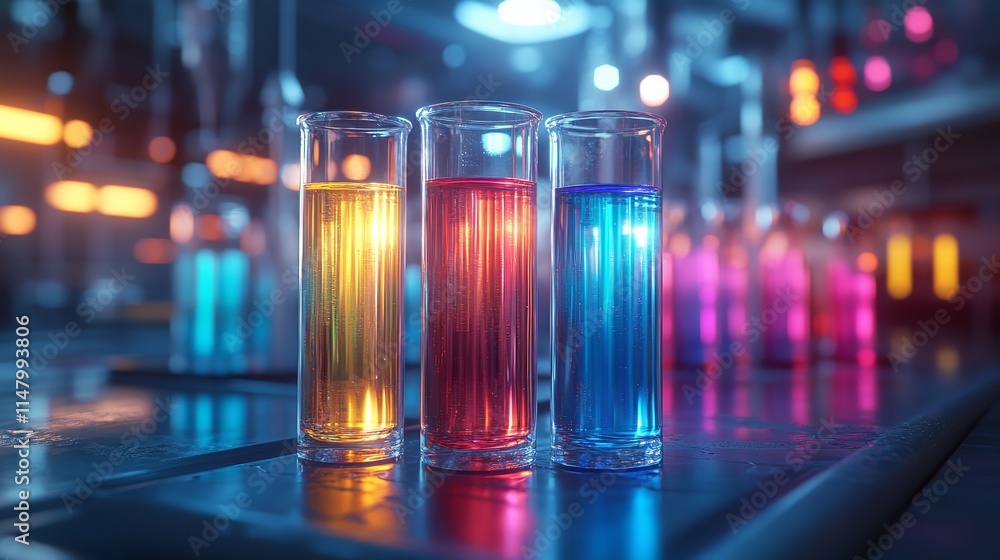 A row of test tubes filled with colorful liquids in a laboratory setting. A row of test tubes filled with colorful liquids in a laboratory setting.