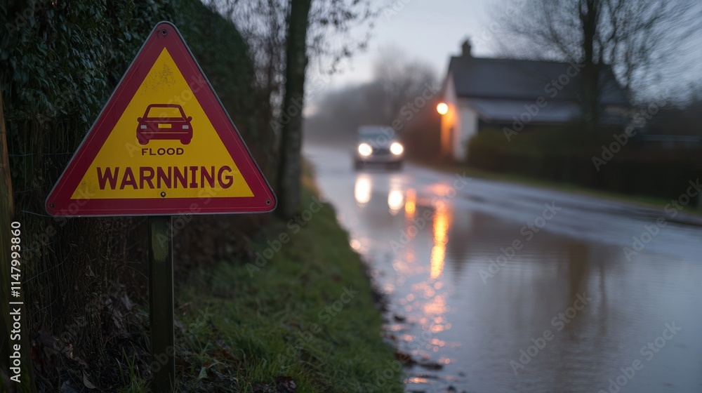 A cautionary sign warns drivers of impending flood conditions alongside a wet road on a dimly lit evening.