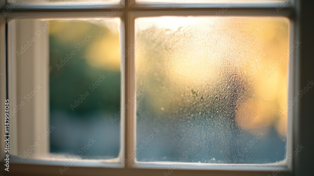 Fototapeta premium Closeup of a window pane with condensation and blurred sunlight streaming through.