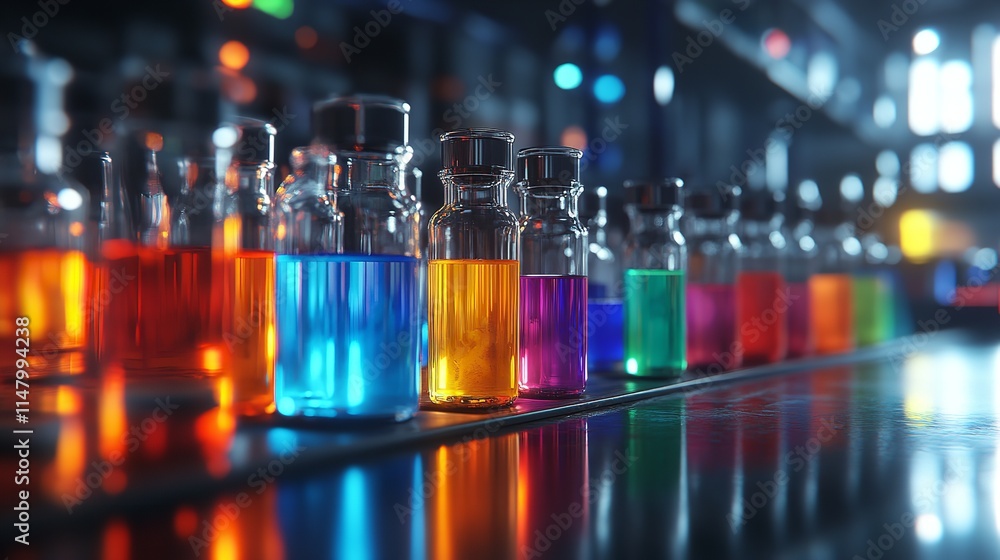 A row of test tubes filled with colorful liquids in a laboratory setting. A row of test tubes filled with colorful liquids in a laboratory setting.